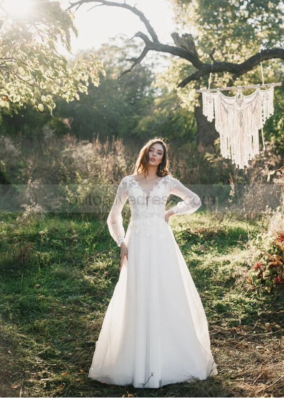 Long Sleeves Ivory Lace Tulle V Back Awesome Wedding Dress